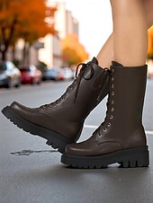 economico Stivali da combattimento-Stivali da combattimento stringati in similpelle nera da donna – stivali a metà polpaccio in stile militare con suola spessa per abbigliamento streetwear autunnale e invernale, uscite casual, moda urbana