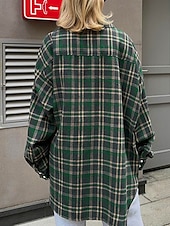 abordables Tops à Rayures et Géométriques pour Femmes-Femmes Chemise Plaid Quotidien Élégant Basique manche longue Col de chemise Hauts Réguliers Travail Quotidien Fête Boutons Vert Véronèse bleu marine Marron Printemps Automne