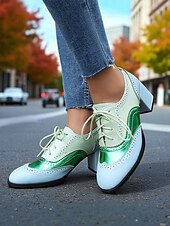 preiswerte 1950er Jahre-Zweifarbige Oxford-Schuhe mit Blockabsatz für Damen – Retro-Schnürschuhe in Mintgrün und Metallic für den Streetstyle im 50er-Jahre-Stil, Alltagsoutfits und legere Anlässe