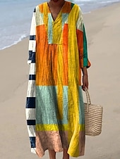 economico Abiti a Strisce e Geometrici-Per donna Abito Midi Vestito Estivo Abito a Tubino Vacanza Casual Spiaggia Uscire Spiaggia Vestibilità comoda Grafico Geometrico Manica Lunga Scollo a V Giallo scuro Giallo Rosa Blu Estate Primavera