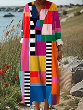 preiswerte Streifen- und geometrische Kleider-Damen Midikleid Sommerkleid Shiftkleid Urlaub Lässig Strand Ausgehen Strand Lässiger Schnitt Grafik Geometrisch Abstrakt Langarm V Ausschnitt Rosa Blau Orange Sommer Frühling Herbst