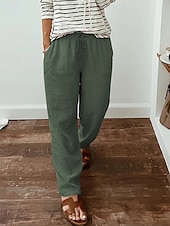 baratos Calça de linho de algodão simples-Mulheres Calças de linho de algodão Calças Roupa de rua Casual Longas Cintura Alta Tecido Bolsos Design de cordão elástico Corte alto Respirabilidade Macio Micro-Elástica Rua Roupa Diária Preto