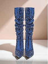 abordables Fête de la Vie Nocturne-Bottes mi-mollet souples à strass bleus pour femmes - Bottes de soirée à bout pointu et talon chaton pour la vie nocturne et les tenues de soirée