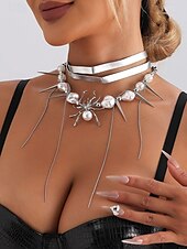 preiswerte Halloween-Zubehör-Halloween-Spinnenhalskette für Damen – Gothic-Punk-Design aus Legierung und Kunstperlen mit Stacheln und Ketten, auffälliger Modeschmuck für Partys, Cosplay und gruselige Abende