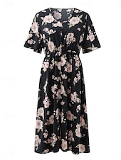 ieftine Rochii-Pentru femei Mărime Plus Rochie casual Floral În V Manșon scurt Vară Primăvară Elegant Modă Modern Casual Rochii Midi Zilnic Concediu Rochie