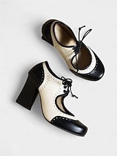 olcso 1950-es évek retró stílusa-női, 1930-as évek ihlette, kétszínű, fűzős oxford magassarkú – retró műbőr vastag cipők vintage őszi és téli szettekhez és teadélutánokhoz