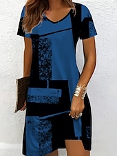 ieftine Rochii cu dungi și geometrice-Pentru femei Rochie Mini Rochie din Tricot Rochie casual Rochii Tricou Rochie de Vară Vacanță Casual Fit regulat Grafic Geometric Abstract Manșon scurt În V Negru și Alb Șampaniu Roșu-aprins Albastru