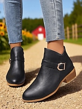 abordables Botines-Botines marrones de piel sintética para mujer: botines de tacón bajo con hebilla y cremallera lateral para salidas de otoño, paseos por el campo y uso diario.