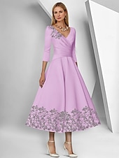 preiswerte Bodenlänge-A-Linien Kleid Strandhochzeit Brautmutter Kleid Elegant Einfach V-Ausschnitt Knöchellang Teelänge Satin 3/4 Länge Ärmel mit Spitze Rüschen Pailletten Renntag Kleid