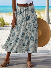 abordables Jupes graphiques-Femmes Jupe Longue Élégant Bohème ancien Occasionnel Maxi Taille haute Jupes Floral Non Elastique Vacances Décontracté Couleur de l&#039;image Été Coton Lin