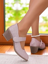 ieftine Block Heels-Pantofi Mary Jane cu toc bloc și sclipici pentru femei – tocuri joase aurii confortabile, cu bareta cu velcro, pentru purtare zilnică, evenimente școlare și ținute de inspirație retro