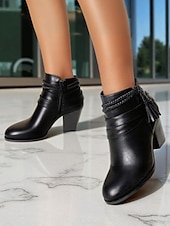 abordables Cowboy et bottes occidentales-Bottines en similicuir noir pour femme avec bride tressée à pompon - Bottines à talons épais de style western confortables pour les tenues d&#039;automne, les looks bohèmes et les tenues de tous les jours