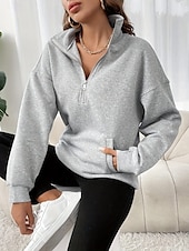 baratos Tops Simples-Mulheres Moletom Tecido Casual Manga Longa Gola Alta Tops regulares Rua Dia a Dia Patchwork Zíper Preto Fúcsia Cinzento Escuro Bege Cinzento Outono Inverno