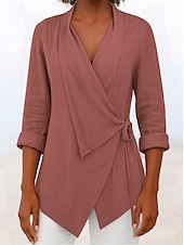 cheap Plain Tops-Women&#039;s Blouse Solid Color Elegant Stylish Basic Long Sleeve V Neck Regular Tops Daily Holiday Tie Front Black Pink Blue Brown Gray Summer Fall