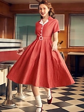 levne Šaty-Retro 50. léta Rockabilly Ke kolenům Houpací šaty Flare šaty Košilové šaty S páskem Pléd Dámské Karneval Plesová maškaráda Čajový dýchánek Běžné / Denní Retro tematická párty Dospělé Šaty Jaro léto
