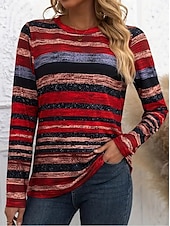 abordables T-shirt rayé et géométrique-Pâques Femmes T-shirt Graphique Plaid ancien Élégant Classique manche longue Col ras du cou Col rond Hauts Réguliers Quotidien Imprimé Rouge Marron Été Printemps Automne