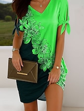 abordables Robe Fleurie-Femmes Mini Robe Robe Décontractée Robe T-Shirt Robe d&#039;été Élégant Vacances ancien Épaules dénudées Coupe régulière A Ombre Fleuri Graphique Manche Courte Col en V Rose Claire Rouge Bleu Violet Ét