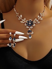 abordables Collar de mujer-Conjunto de collar y pendientes de cristal azul bañados en oro para mujer con diseño floral: elegante joyería de fiesta para eventos formales y celebraciones nocturnas.