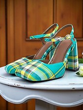 cheap Block Heels-Women&#039;s Purple Plaid Block Heel Pumps –1970s Retro Square Toe High Heels with Ankle Strap for Daily Wear, Office &amp; Vintage Outfits