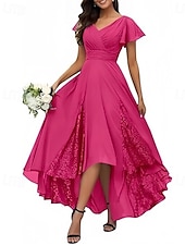 abordables Robes pour invitées de mariage-Ligne A Robes pour invités de mariage Élégant Robe robe demoiselle d honneur Fiançailles Asymétrique Manche Courte Col en V Chiffon avec Croisé Froncé 2025