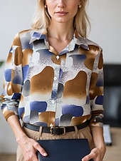 billige Kvinnenes Kunst &amp; Design Topper-Dame Bluse Dressy topper Chiffongoverdeler Blomstret Fargeblokk Elegant Daglig Stilfull Langermet Skjortekrage Vanlige topper Arbeid Daglig Knapper Trykt mønster Svart Blå Brun Grønn Beige Vår, Høst