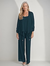 cheap Mom&#039;s Pant Suits-3 Piece Mother of the Bride Pantsuits Elegant Simple Luxurious Square Neck Floor Length Chiffon 3/4 Length Gathered Sleeve with Crystals Cascading Ruffles 2025