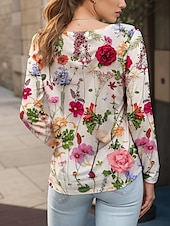 ieftine tricou floral-Pentru femei Tricou Floral Grafic Plante Epocă Stilat Clasic Manșon Lung Stil Nautic Rotund Topuri obișnuite Zilnic Imprimeu Galben Roșu-aprins Albastru piscină Mov Trifoi Vară Primăvară Toamnă