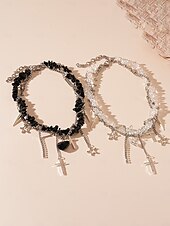 economico Collana da donna-Collana girocollo in pietra nera punk gotica da donna con ciondoli a forma di croce, cuore e stella - gioiello importante per feste, discoteche e serate fuori