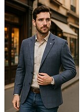お買い得  男性用エリートアウターウェア-男性用 ブレザージャケット 学校 ワーク オフィス / キャリア エレガント 日常 春 秋 ポリエステル 格子柄 クラシック ノーアイロン シングルブレスト 二つボタン ブレザー イエロー グレー