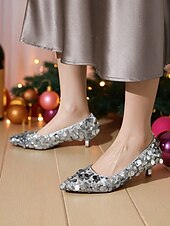 cheap Nightlife Party-Women&#039;s Silver Sequin Pointed Toe Flats - Sparkly Slip-On Dress Shoes for Cocktail Parties and Evening Events