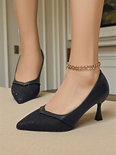 olcso Stiletto sarkú cipők-női fekete csipke és csillámos hegyes orrú, kitty sarkú cipők – elegáns műbőr magassarkúk irodába, partikra és estélyi viseletre