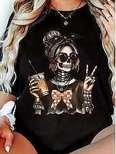 abordables Hauts d&amp;#39;Halloween-Halloween Femmes T-shirt Chemise en coton Drapeau Crâne ancien Élégant Classique Manche Courte Col ras du cou Col rond Hauts Réguliers Quotidien Imprimé Noir Blanche Été Printemps