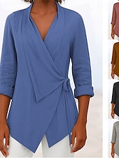 cheap Plain Tops-Women&#039;s Blouse Solid Color Elegant Stylish Basic Long Sleeve V Neck Regular Tops Daily Holiday Tie Front Black Pink Blue Brown Gray Summer Fall