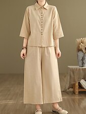 billige Settene-Dame Elegant Mote Gatemote Linsett i bomull 3/4 ermer Skjortekrage Helfarge utendørs Arbeid Avslappet Oransje Brun Kakifarget Sommer Normal