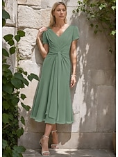 cheap Tea Length-A-Line Mother of the Bride Dress Formal Wedding Guest Elegant Simple Minimalist V Neck Tea Length Chiffon Short Sleeve with Pleats Ruched