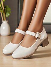 levne Block Heels-Dámské Podpatky Bílé boty Kancelář Práce Přezky Blokovat patu Oblá špička Pohodlné Chůze Kůže Spona Černá Béžová