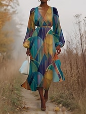 preiswerte Kunst &amp; Design Kleid-Damen Midikleid Freizeitkleid Chiffon Schwingkleid Modern Urlaub Täglich Wochenende Normale Passform Geometrisch Langarm V Ausschnitt Blau Dunkelgrün Purpur Grün Sommer Frühling Herbst