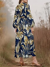 preiswerte Blumenkleid-Damen Midikleid Freizeitkleid Chiffon Schwingkleid Modern Urlaub Täglich Wochenende Normale Passform Blatt Tropisch Langarm V Ausschnitt Marineblau Blau Dunkelblau Blau Schwarz Sommer Frühling Herbst