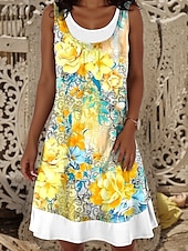 preiswerte Blumenkleid-Damen Minikleid T-Shirt-Kleid Sommerkleid A Linie Kleid Urlaub Lässig Täglich Normale Passform Blumen Grafik Ärmellos Rundhalsausschnitt Gelb Blau Grün Sommer Frühling Herbst