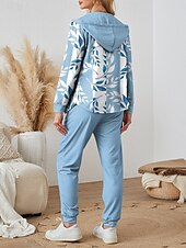 cheap Women‘s Sweatsuits-Women&#039;s Daily Hoodie Long Sleeve Hooded Floral Graphic Leaves Zipper Print Casual Blue Purple Green Fall Regular Fit