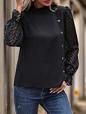 economico Top Semplici da Donna-Per donna Camicia Semplice Elegante Moderno Manica Lunga Collo Alto Top Regolari Quotidiano Uscire Bottoni Rete Nero Primavera Autunno
