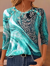 abordables Art &amp; Design Tops-Femmes T-shirt Graphique Géométrique ancien Occasionnel manche longue Col ras du cou Hauts Réguliers Quotidien Boutons Imprimé Vert cendré Bleu Violet Marron Vert Printemps Automne Hiver
