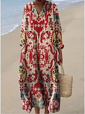 tanie Sukienka boho-Damskie Sukienka maxi Sukienka letnia Sukienka A line Urlop Codzienny Wyjściowe Luźna Kwiaty Graficzny W Tureckie Wzory Długi rękaw W serek Granatowy Rumiany róż Czerwony Niebieski Lato Wiosna Jesień