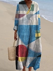 abordables Robes Floraux Imprimés-Femmes Robe Midi Robe Décontractée Robe Imprimée Mode Moderne Quotidien Plage Week-end Coupe régulière Arbre manche longue Col en V Jaune Bleu Orange Bleu de minuit Printemps Automne
