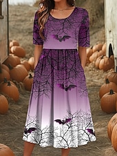 levne Halloweenské šaty-Halloween Dámské Midi Šaty A Linie Šaty Letní Šaty Dovolená Příležitostný Každodenní Svátek Běžné Fit Grafický Zvíře Poloviční Rukáv Kulatý Výstřih Modrá Fialová Zelená Léto Podzim