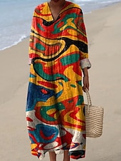 abordables Robes Rayés et Géométriques-Femmes Robe Midi Robe d&#039;Été Robe fourreau Vacances Occasionnel Chaussures de plage Sortir Plage Coupe Ample Graphique Géométrique manche longue Col en V Jaune Vert Claire Rouge Vert Été Printemps