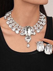 abordables Collar de mujer-Gargantilla y pendientes de cristal plateado con declaración para mujer: joyas glamurosas con diamantes de imitación grandes para fiestas, bodas y eventos formales.