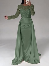 economico Champagne-Abito da sera sirena in paillettes abito in satin champagne arricciato maniche lunghe masquerade lunghezza fino al pavimento scollo illusion con perle gonna sovrapposta