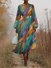 preiswerte Kunst &amp; Design Kleid-Damen Midikleid Freizeitkleid Chiffon Schwingkleid Modern Urlaub Täglich Wochenende Normale Passform Geometrisch Farbverläufe Langarm V Ausschnitt Schwarz Gelb Königsblau Blau Sommer Frühling Herbst