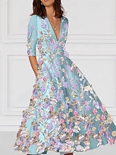 economico Abiti da cocktail-Abito da Cocktail A-Line Floral Elegante Abito Formale Matrimonio Lungo fino alla Caviglia Mezza Manica V Neck Abito Rosa Stretch Crepe con Ricamo e Tasca
